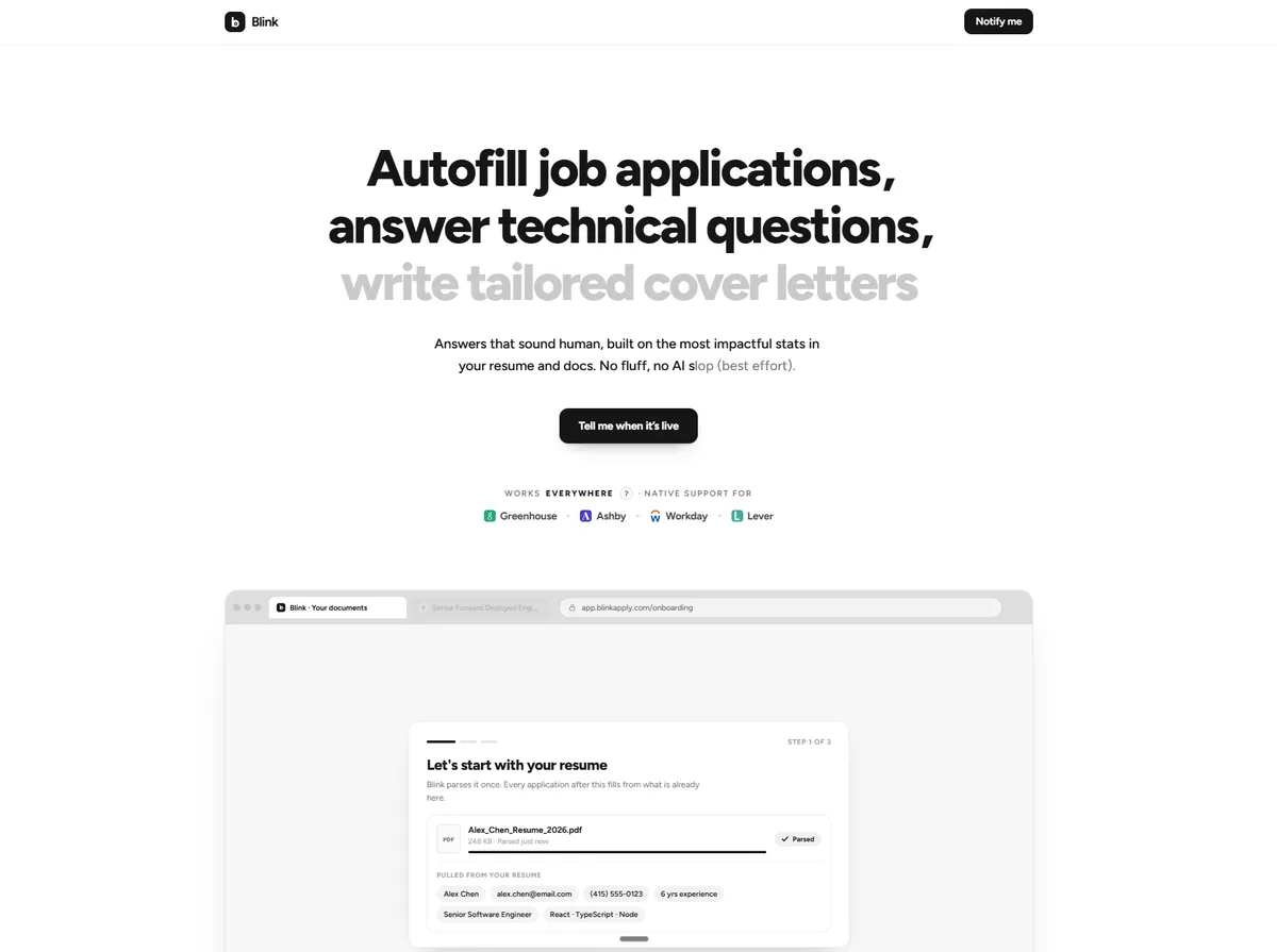 Blink landing page with the resume upload step